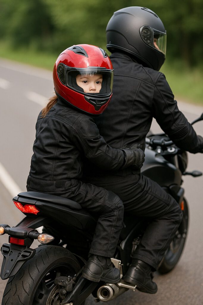 Kinder auf dem Motorrad - am Beispiel eines Mädchens in dunkler Schutzkleidung