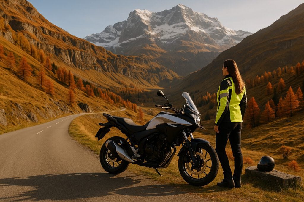 Tipps für Motorradtouren im Herbst 5 Tipps für Motorradtouren im Herbst. Auf Tour mit dem Motorrad im Herbst. Bikerin vor Bergen im Herbst