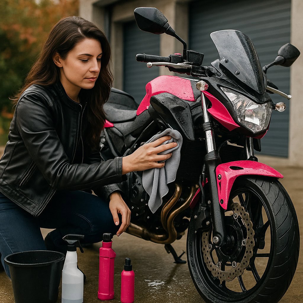 Der optimale Winterschlaf fürs Motorrad: Sieben Schritte, die jede Bikerin kennen sollte 3 Bikerin bei der Reinigung des Motorrads für den Motorrad-Winterschlaf
