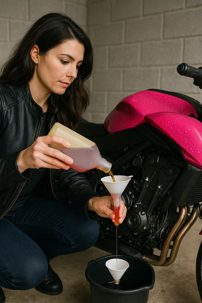 Der optimale Winterschlaf fürs Motorrad: Sieben Schritte, die jede Bikerin kennen sollte 1 Bikerin bei der Ölstandmessung für den Motorrad-Winterschlaf