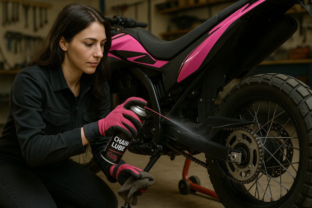 Der optimale Winterschlaf fürs Motorrad: Sieben Schritte, die jede Bikerin kennen sollte 4 Bikerin bei der Kettenreinigung. Motorrad richtig einmotten. Motorrad-Winteerschlaf.
