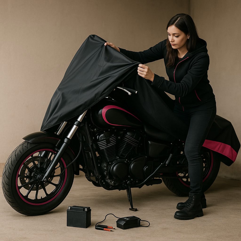 Der optimale Winterschlaf fürs Motorrad: Sieben Schritte, die jede Bikerin kennen sollte 2 Bikerin beim Abdecken der Maschine für den Motorrad-Winterschlaf