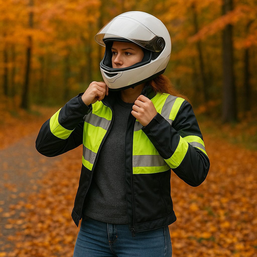 Tipps für Motorradtouren im Herbst 3 Tipps für Motorradtouren im Herbst. Fahrerin mit High-Vis-Kleidung