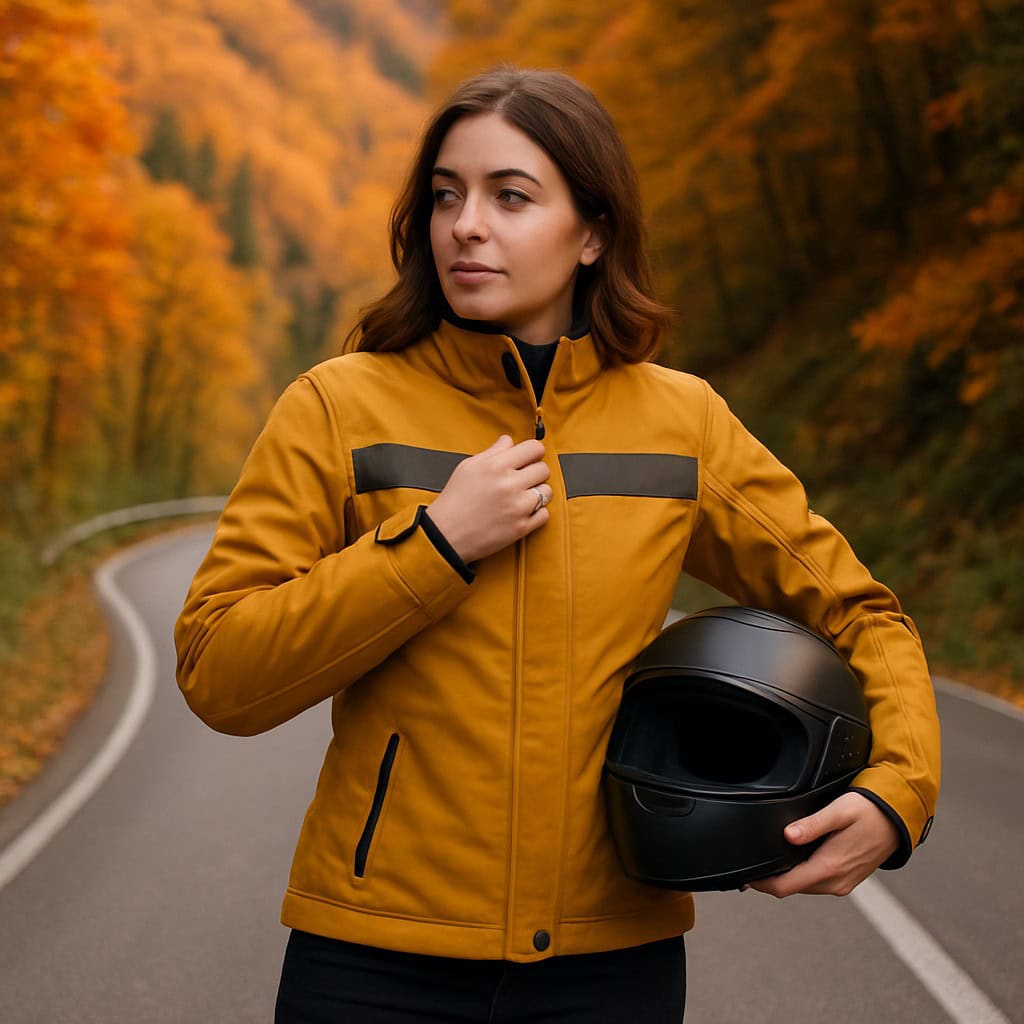 Tipps für Motorradtouren im Herbst. Fahrerin mit Herbstjacke