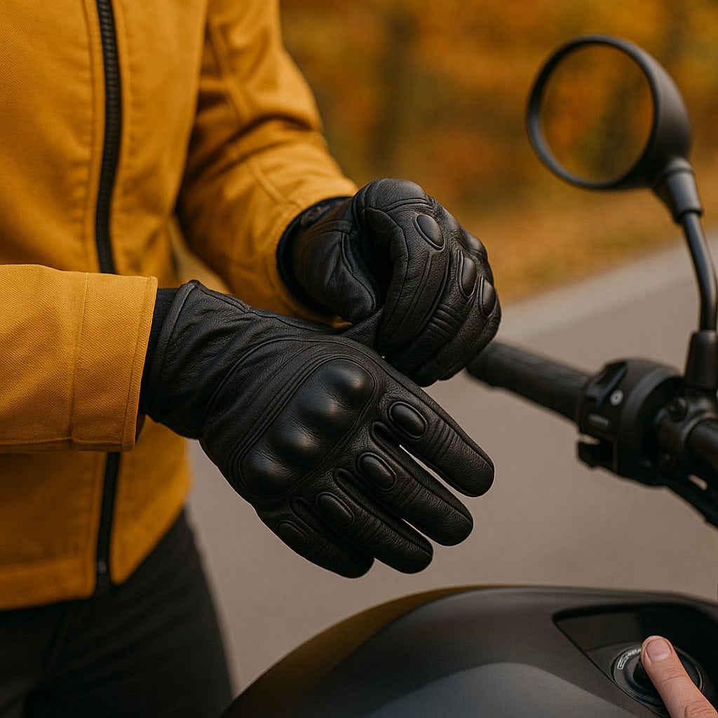 Tipps für Motorradtouren im Herbst. Fahrerin mit Handschuhen