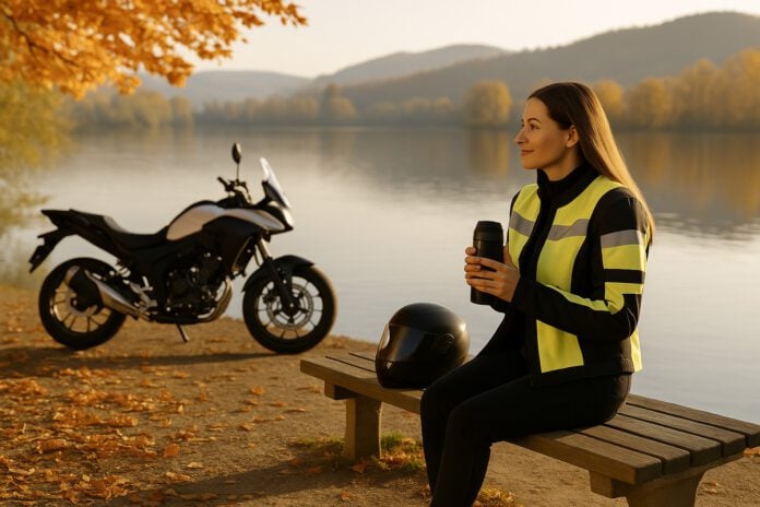Tipps für Motorradtouren im Herbst - eine Bikerin genießt den Herbst am Seeufer mit Helm und Motorrad