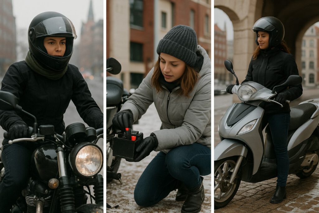 Collage Rollerfahrerinnen und Motorrad im Winter