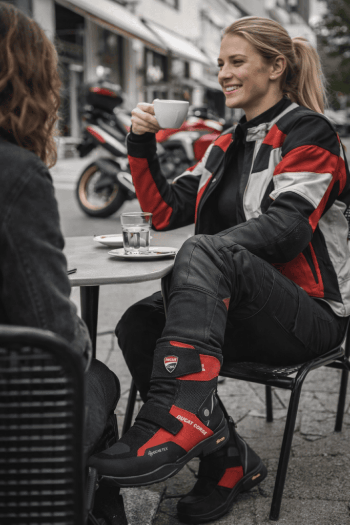 Ducati Stiefel Tragebild im Café