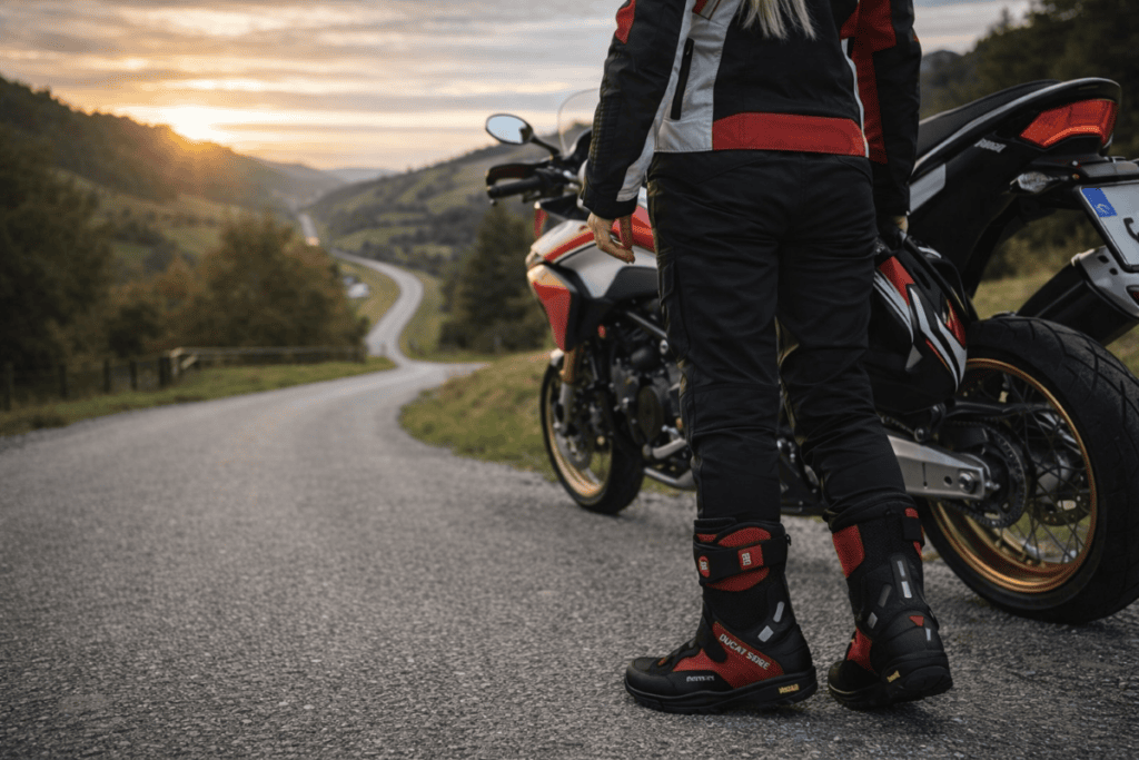 Ducati Stiefel und Motorrad auf der Landstraße