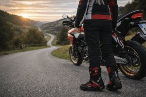 Ducati Stiefel und Motorrad auf der Landstraße