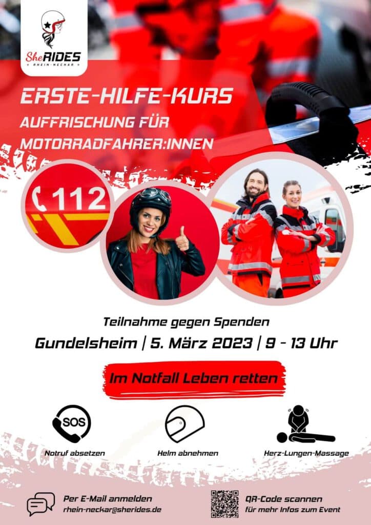 Flyer Erste-Hilfe-Kurs Auffrischung für Motorradfahrer Gundelsheim_SHE RIDES_Medical Knights