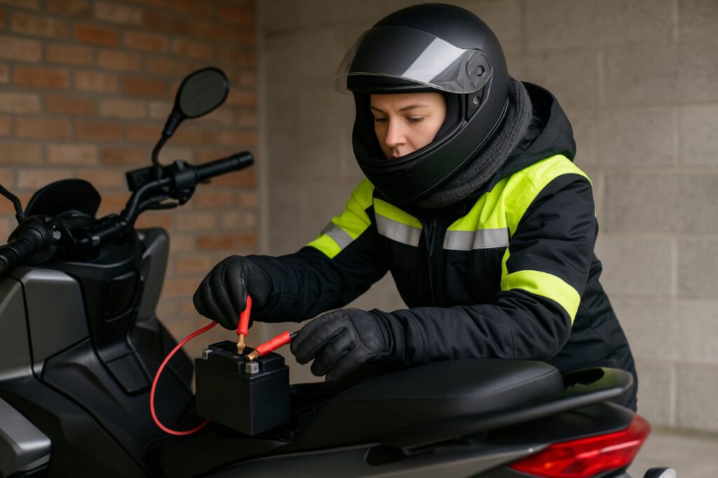 Frau am Motorrad im Winter Batterieprüfung