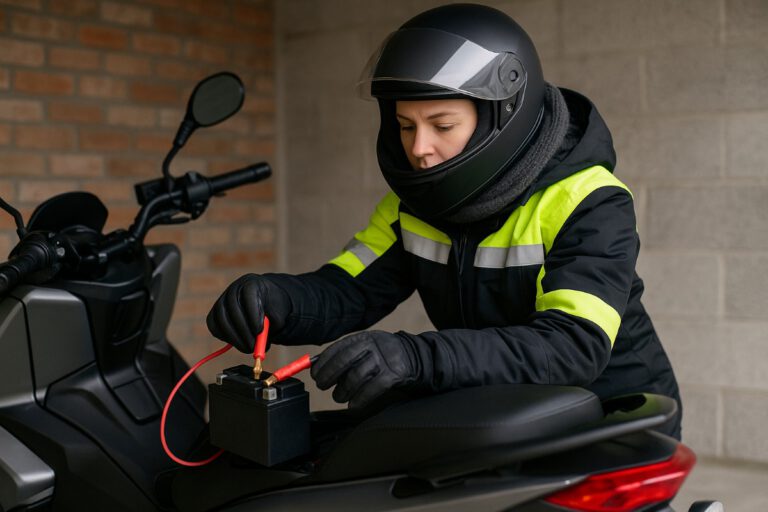 Frau am Motorrad im Winter Batterieprüfung