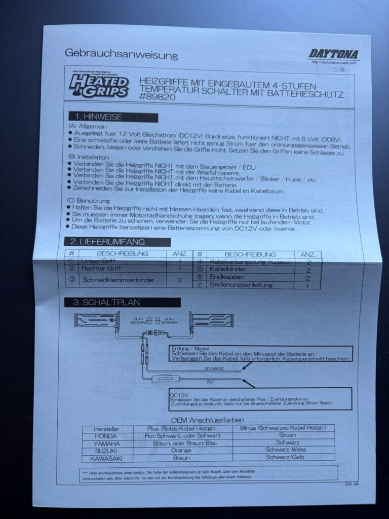 Gebrauchsanweisung Deutsch Daytona Heizgriffe Test