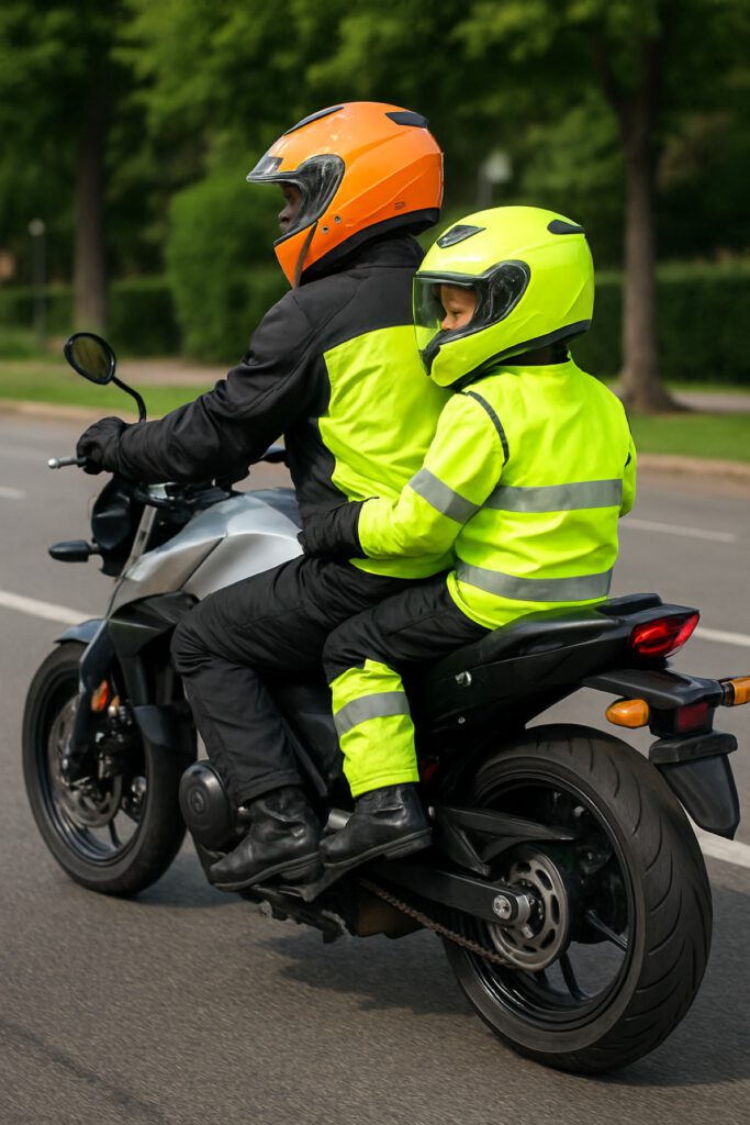 Kinder auf dem Motorrad - am Beispiel eines Jungens in High-Vis-Schutzkleidung