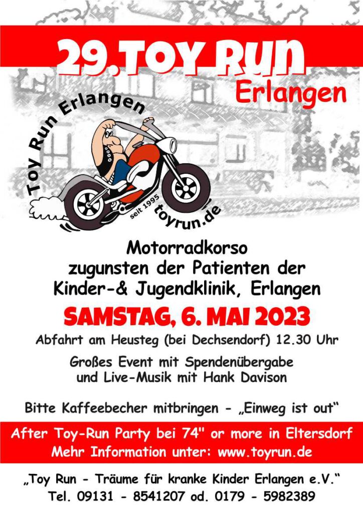 Am 6. Mai 2023 ist Toy Run Day in Erlangen. Alle Biker:innen, mit Sach- oder Geldspenden für die Kinderklinik, sind herzlich eingeladen.